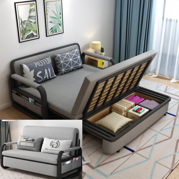 Unicorn Furniture Sofa Bed - Modern Foldable Bed - Pull Out Sofa Bed with Storage -  Sofabed - sofa cum bed in Made to Match Cushions ( Grey & Black)