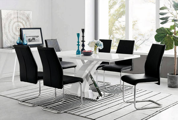 6 Seater Dining Table With Chairs - Dining Table and Chairs for 6 (Glossy Table + 6 Lorenzo Leather Chairs) Black