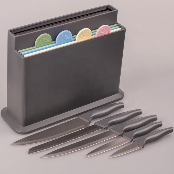 Index Chopping Board Set with Knives, 4pcs Plastic Colour Coded Chopping Board Set & 5pcs of Knives