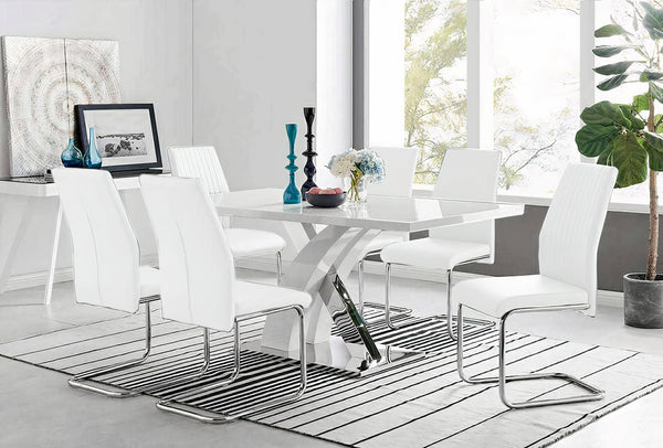 6 Seater Dining Table With Chairs - Dining Table and Chairs for 6  (Glossy Table + 6 Lorenzo Leather Chairs) White